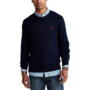 Polo Ralph Lauren Classic Crewneck Cotton Sweater Navy with Red Polo Player Sz L
